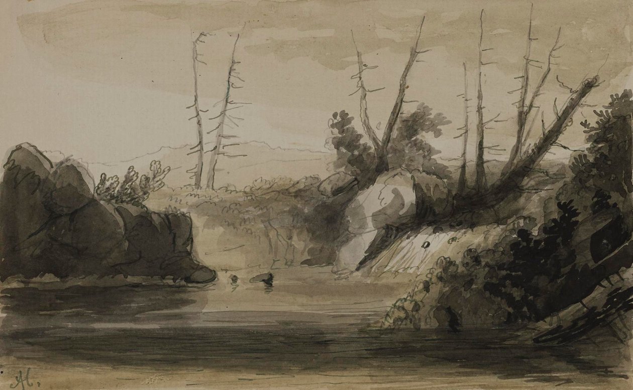 Vista de una cascada y un pequeño lago de Alfred Jacob Miller