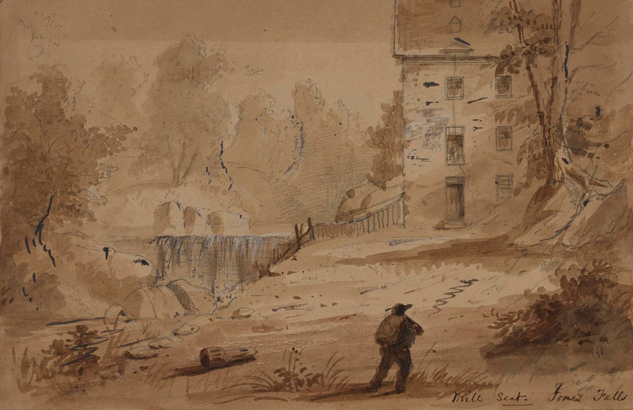 Vista de una casa y unas cataratas de Alfred Jacob Miller