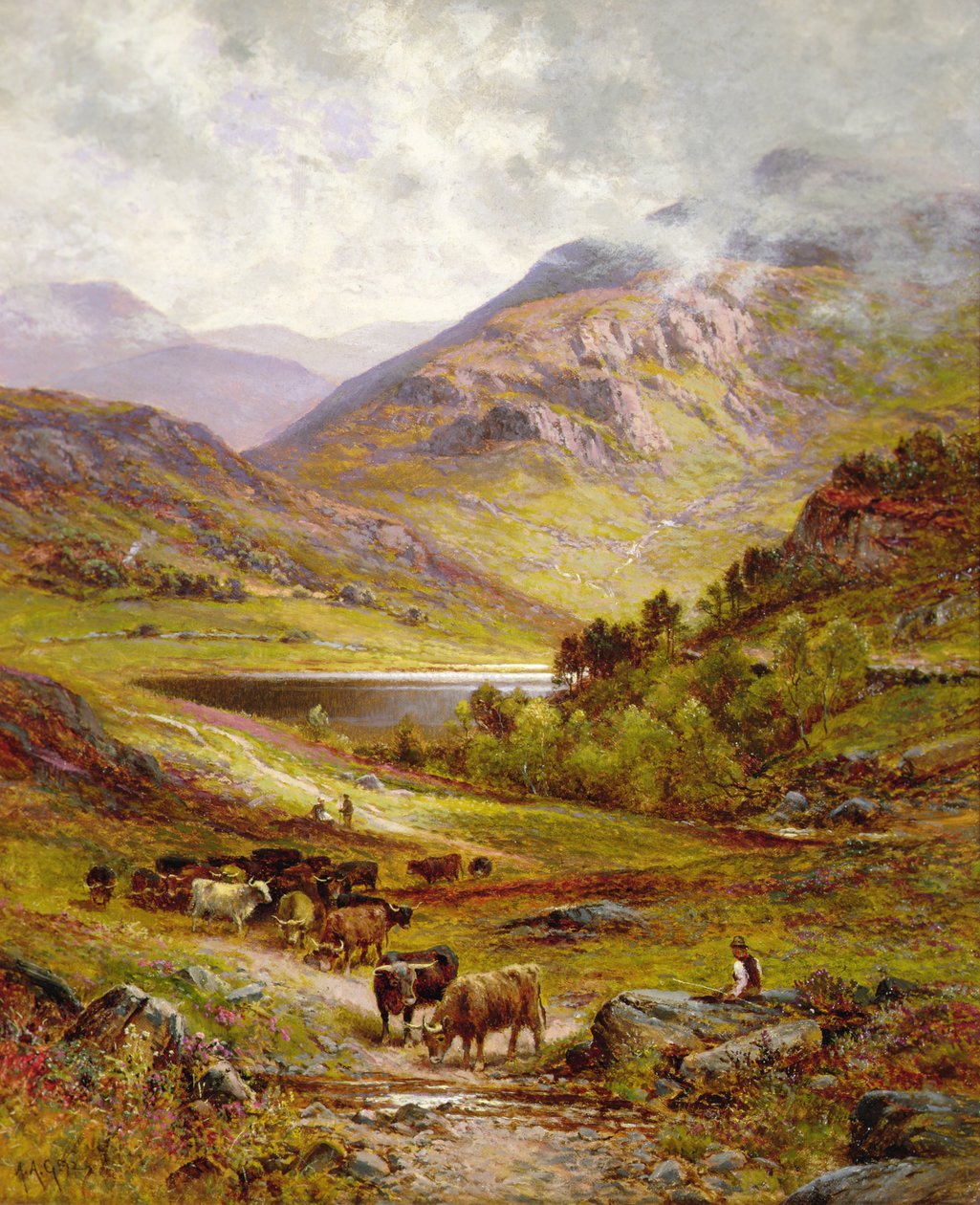 Ganado Longhorn en un paisaje montañoso de Alfred Jr. Glendening
