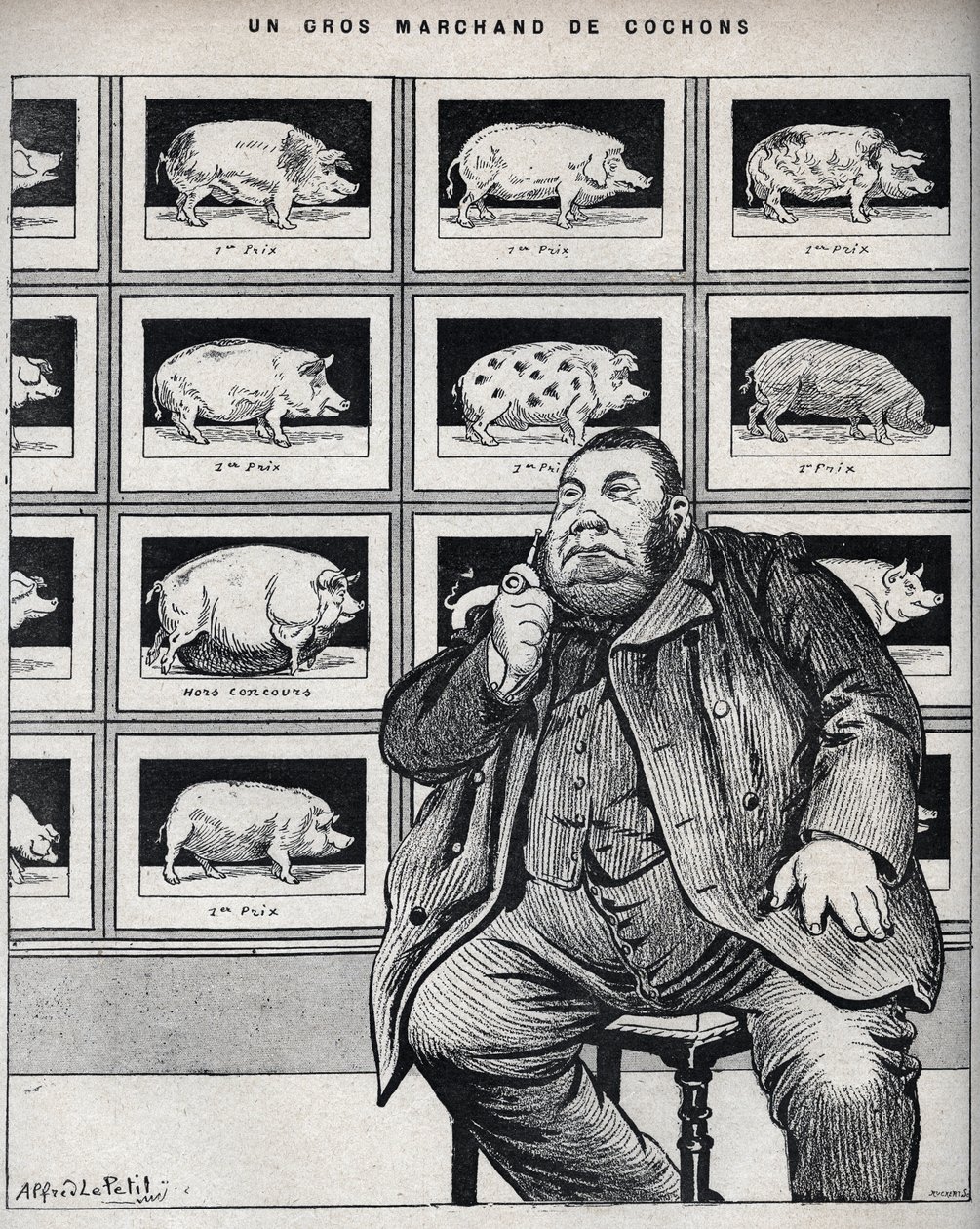 Un gran comerciante de cerdos - Caricatura en "Le Cochon, recuerdos de Normandía" 1898 de Alfred Le Petit