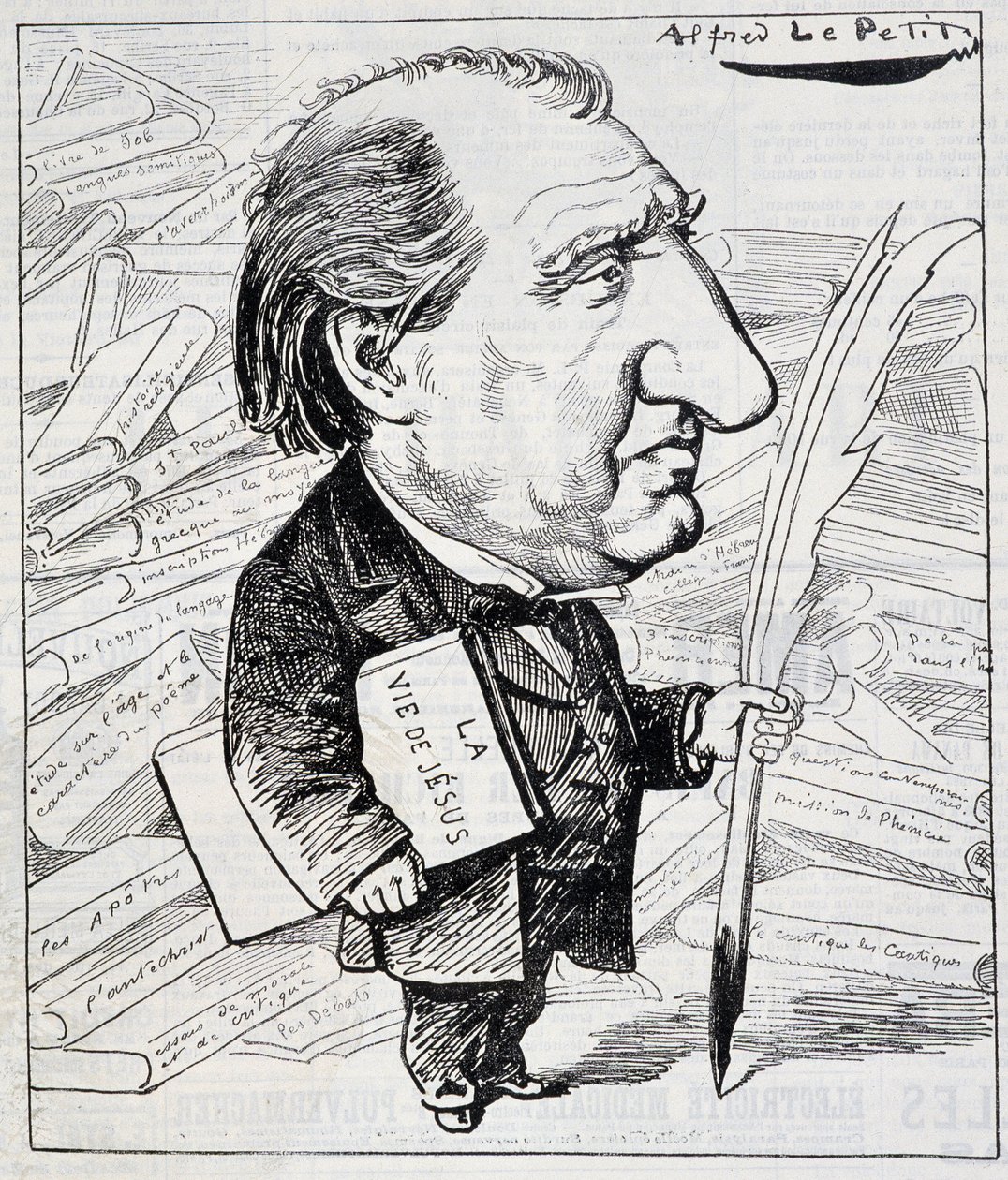 Caricatura de Ernest Renan con “La Vida de Jesús” bajo el brazo - en “Le Charivari” del 11/07/1883 de Alfred Le Petit