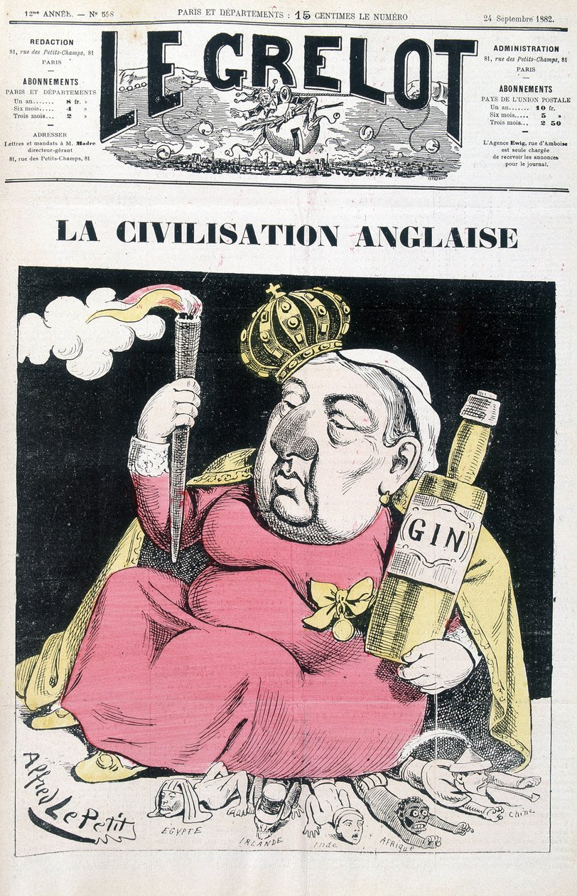 Civilización inglesa: Victoria, una botella de ginebra en mano, sentada sobre Egipto, Irlanda, India, África y China - por Alfred Le Petitty, en 