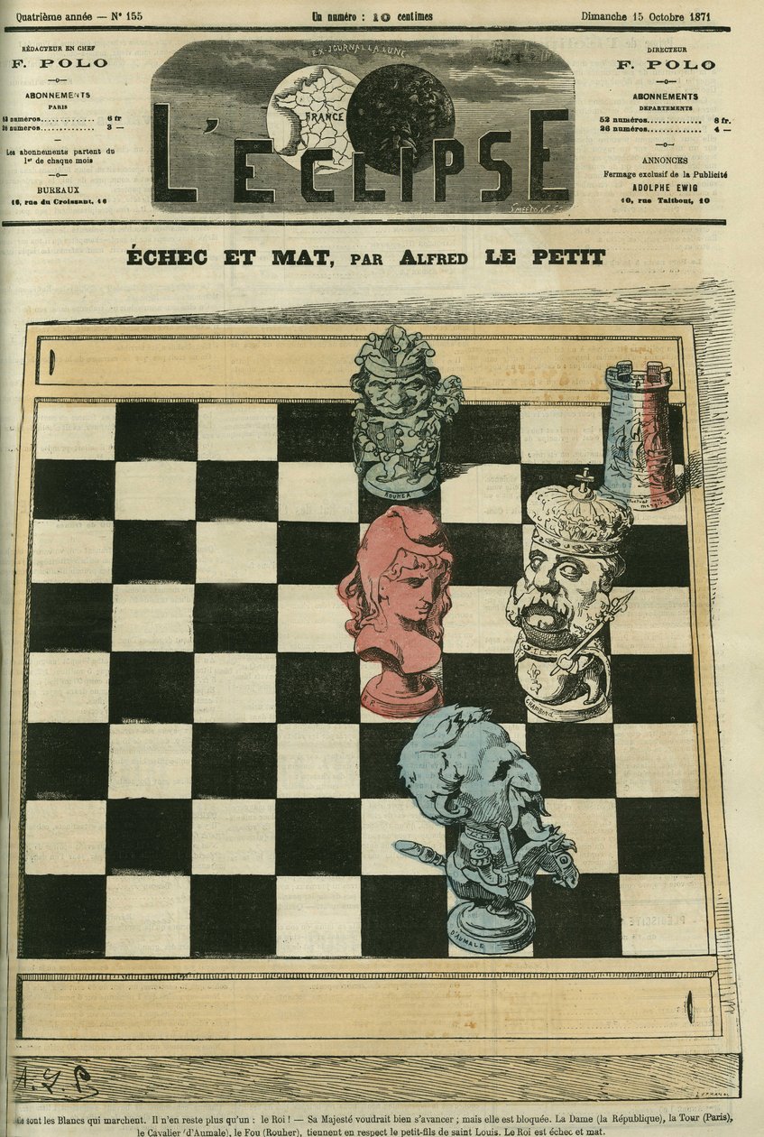 Fallo y mate, la Dama-República, la Torre-París, el Caballero-Duque de Aumale (1822-1897), el Alfil-Rouher (1814-1884) han fallado al Rey Luis Felipe de Orleans (1838-1894). Portada en “L