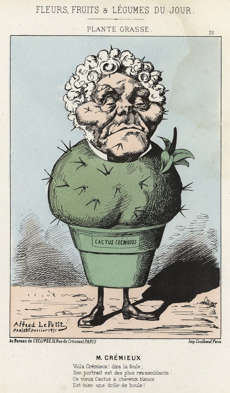 Planta Grasa: caricatura sobre Adolphe Crémieux - ilustración de 25/02/1871 en “Flores, Frutas y Verduras del Día” de Alfred Le Petit