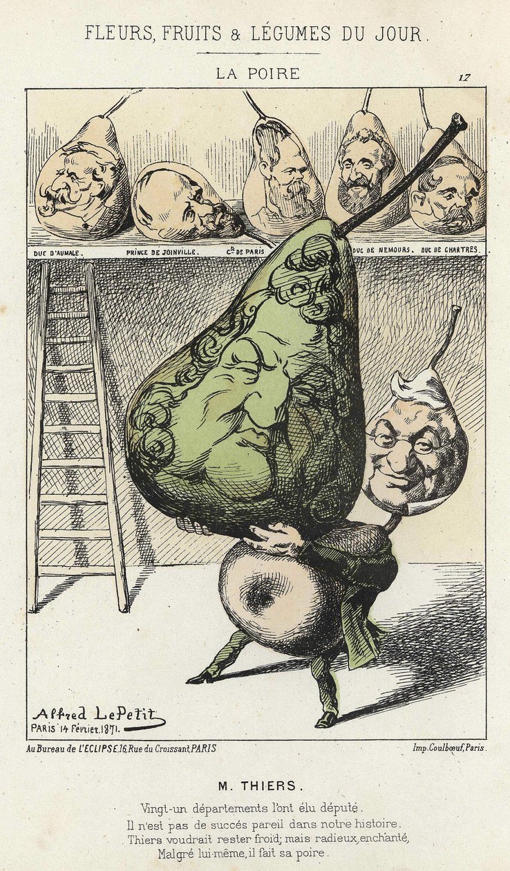 La Peire: caricatura sobre Thiers - ill. del 14/02/1871 por Alfred Le Petitty, en "Flores, Frutas y Verduras del Día" de Alfred Le Petit