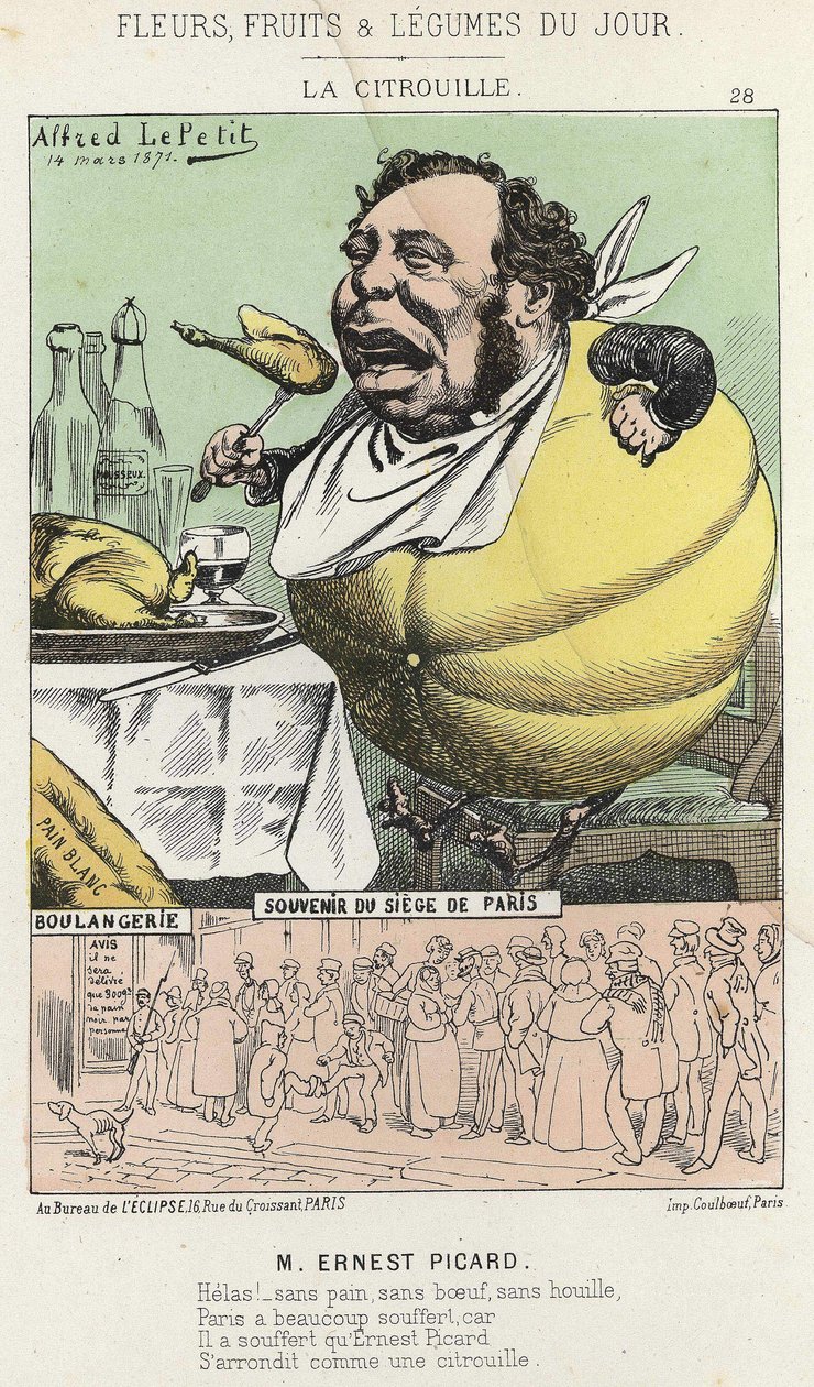 La Calabaza: caricatura sobre Ernest Picard - ill. del 14/03/1871 en "Flores, Frutas y Verduras del Día" de Alfred Le Petit