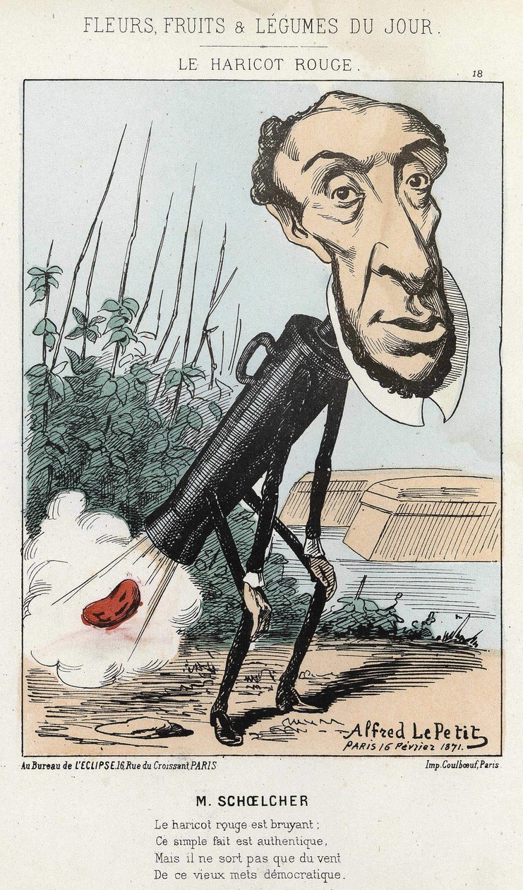 El Frijol Rojo: caricatura de Victor Schoelcher representa en el tren de Peter un frijol (pedo) - ilustración del 16/02/1871 por Alfred Le Petit, en “Flores, Frutas y Verduras del Día” de Alfred Le Petit