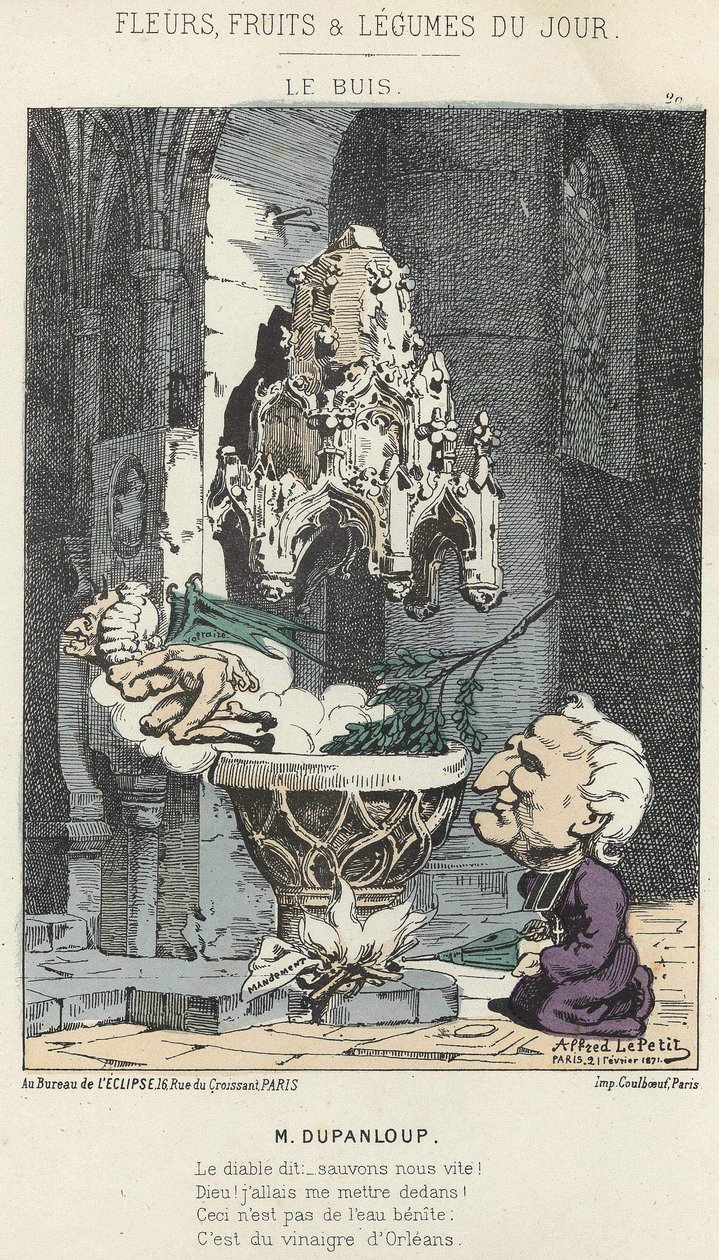 Le Boxis: caricatura sobre Dupanloup - ilustración del 21/02/1871 en “Flores, Frutas y Verduras del Día” de Alfred Le Petit