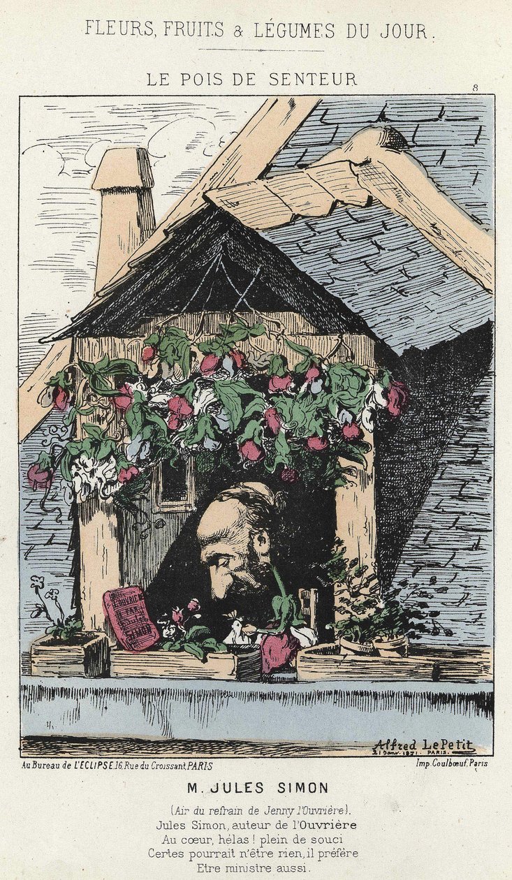 Le Peas de Fragreur: caricatura sobre Jules Simon (1814 - 1896) - ilustración del 12/01/187 en “Flores, Frutas y Verduras del Día” de Alfred Le Petit
