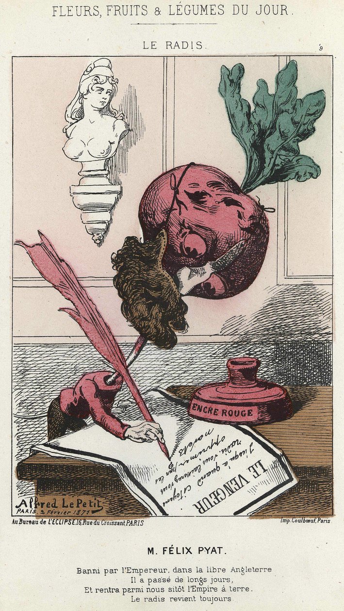 Le Radis: caricatura sobre Félix Pyat (1810 - 1889) - ilustración del 02/02/187 en “Flores, Frutas y Verduras del Día” de Alfred Le Petit