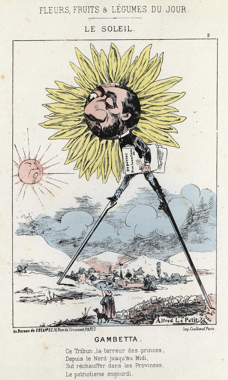 Le Soleil (girasol): caricatura sobre Gambetta (1838 - 1882) - ilustración del 12/01/1871 en “Flores, Frutas y Verduras del Día” de Alfred Le Petit
