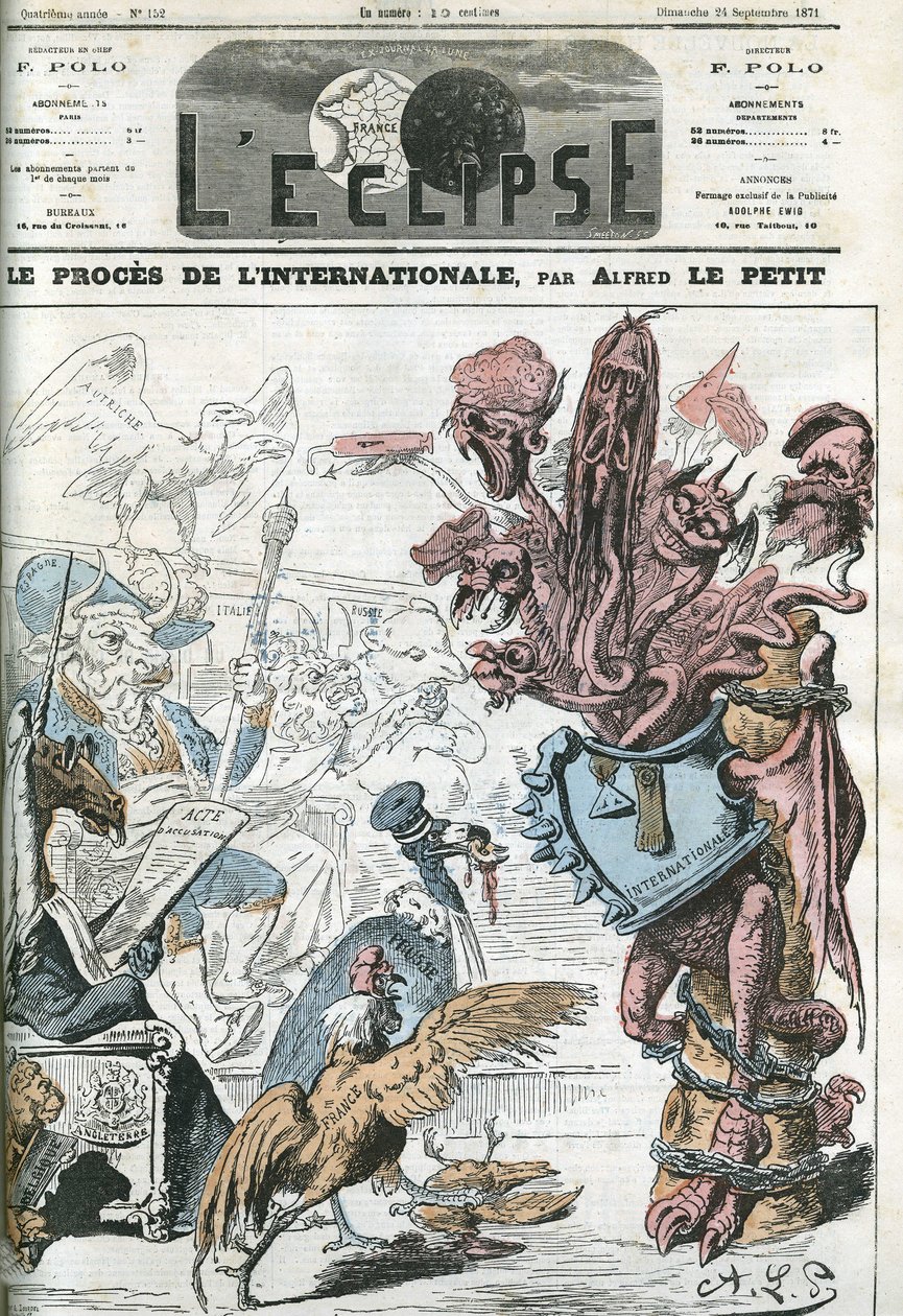 El juicio internacional por el Consejo General de Londres tras el arresto de miembros de la Asociación Internacional de Trabajadores. Portada en "L