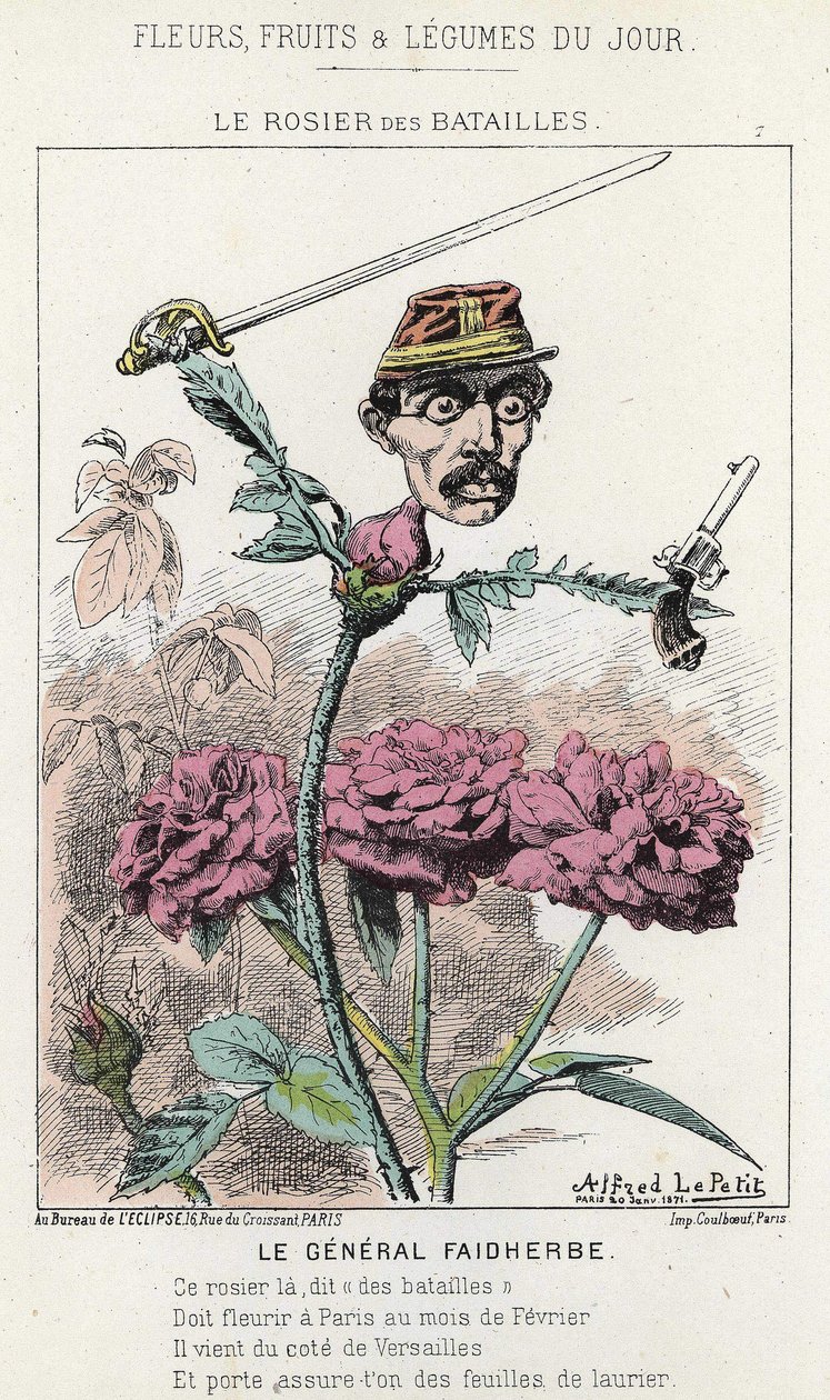 El Rosier des Battailles: caricatura sobre el General Faidherbes - ilustración del 20/01/1871 en “Flores, Frutas y Verduras del Día” de Alfred Le Petit