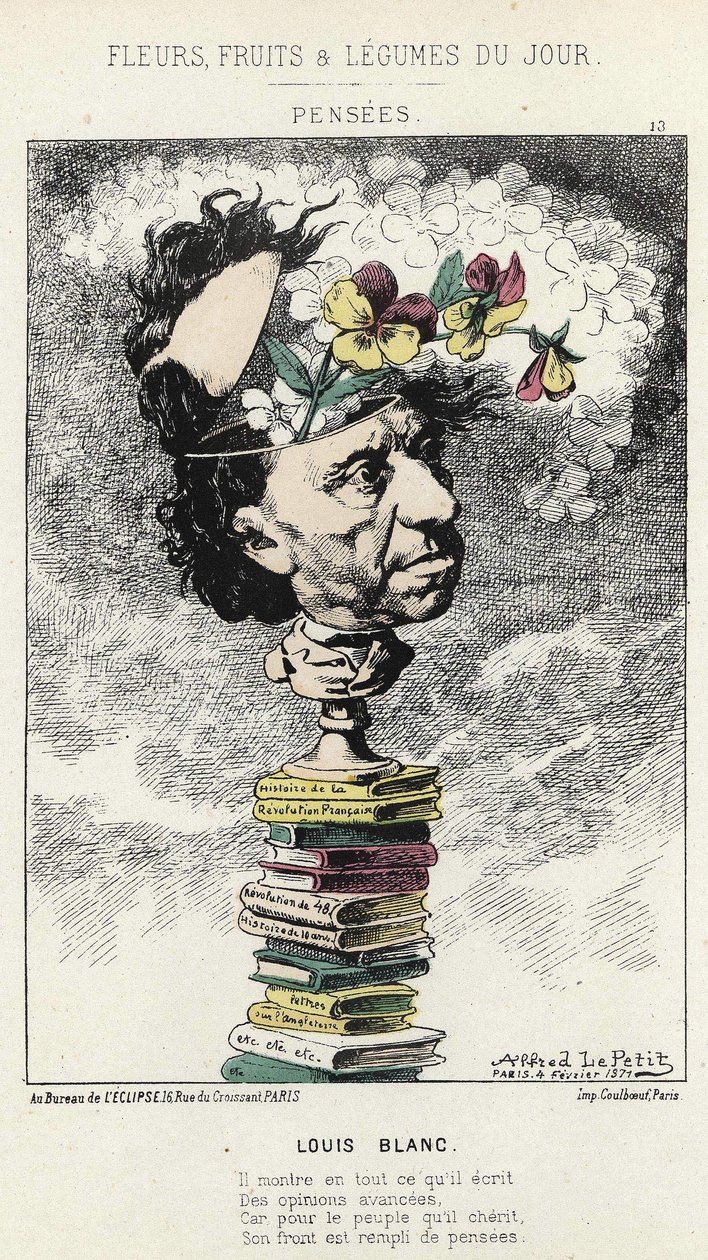 Pensamientos: Caricatura de Louis Blanc - il. del 04/02/1871 en “Flores, Frutas y Verduras del Día” de Alfred Le Petit