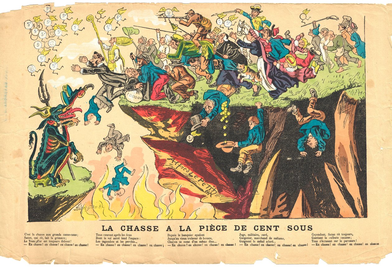 Hoja volante, satírica en colores, circa 1878: Caza de cien piezas - Plata - Diablo, ilustración por Alfred Le Petit (1841-1909) de Alfred Le Petit