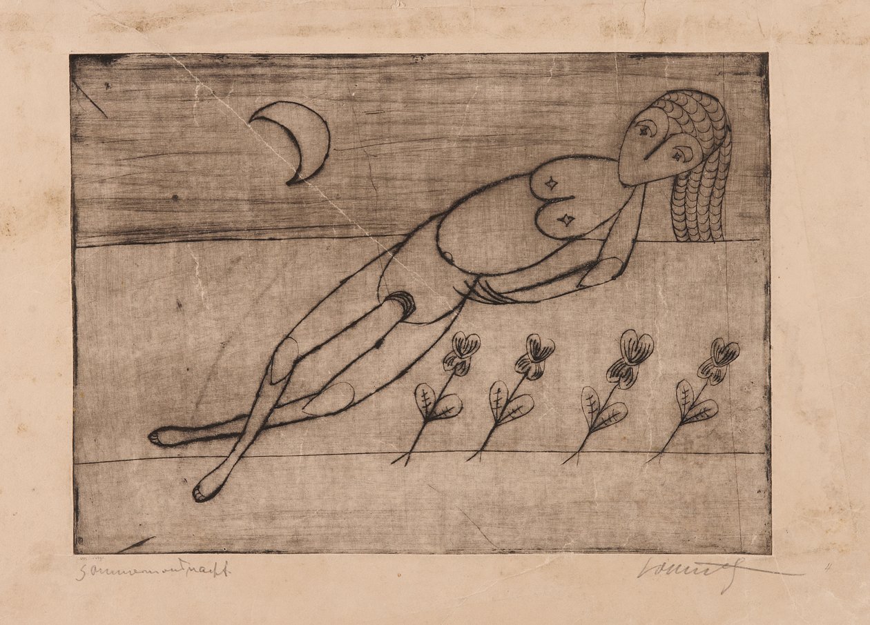 Luna creciente, flores y desnudo femenino (aguafuerte y aguatinta sobre papel) de Alfred Lomnitz