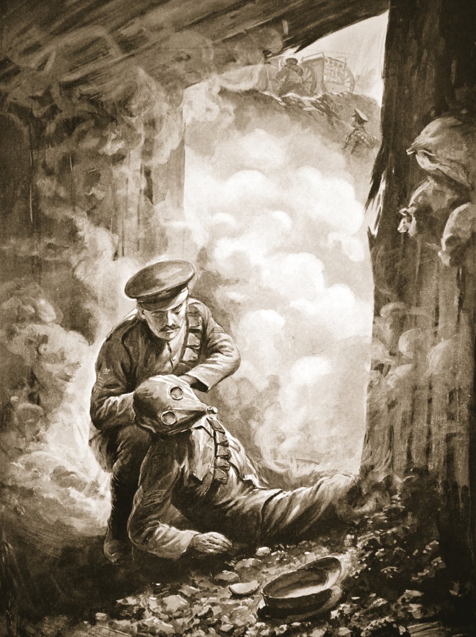 El Sargento Actuante Raynes poniéndose su casco de humo en el Sargento Ayres después de la explosión de una bomba de gas de Alfred Pearse