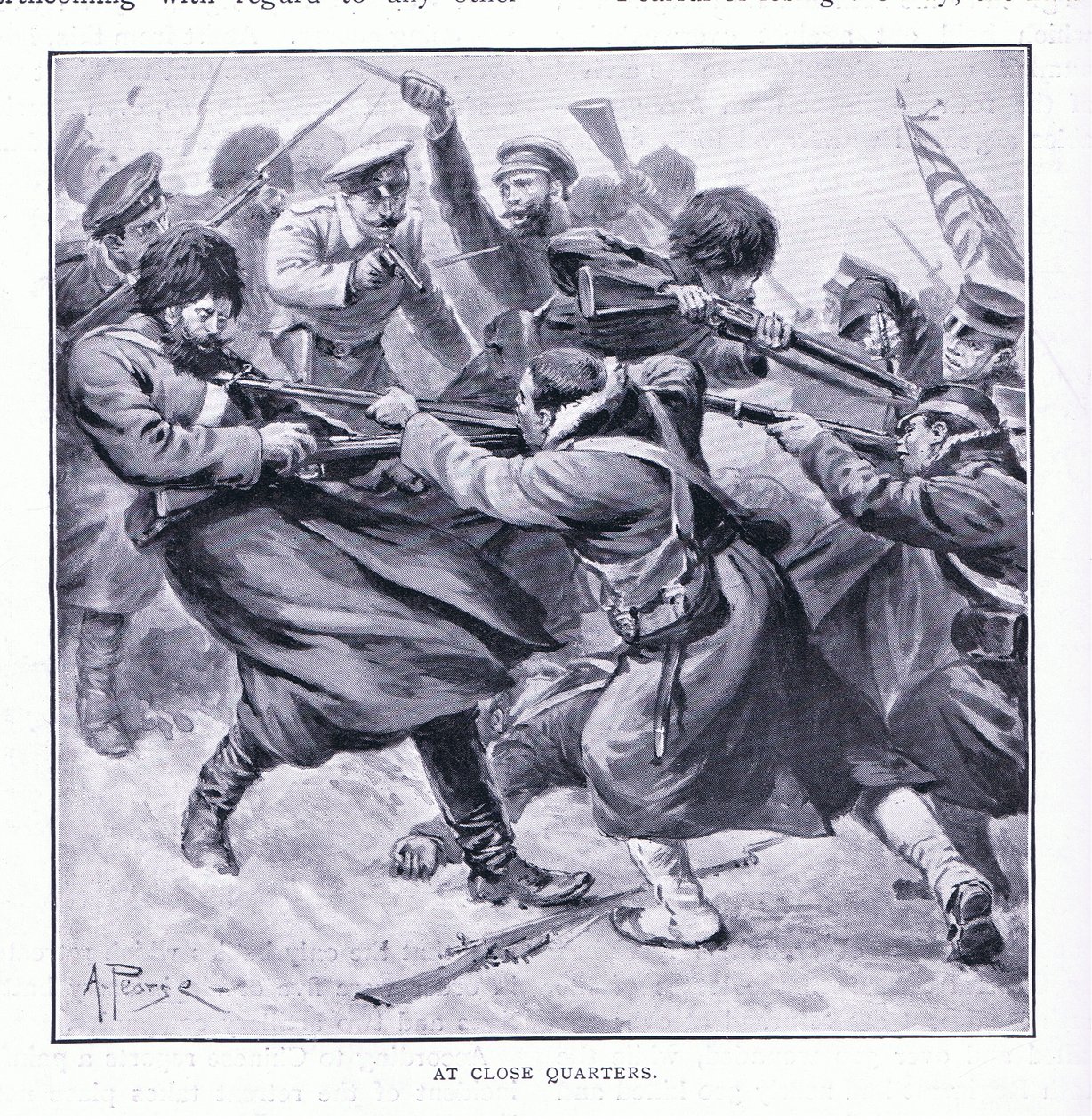 A corta distancia, ilustración de Cassells History of the Russo-Japanese War Vol 1, c.1900 de Alfred Pearse