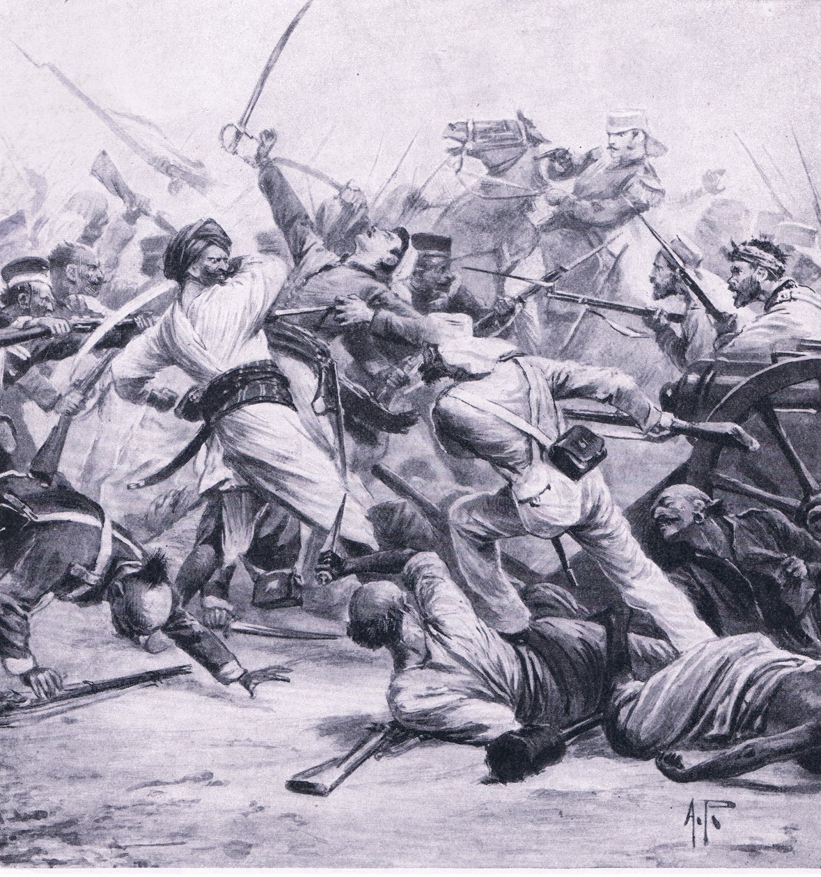 Derrota de Nicholson a los rebeldes en Najafgarh, 2 de agosto de 1857, ilustración de British Battles on Land and Sea, 1915 de Alfred Pearse