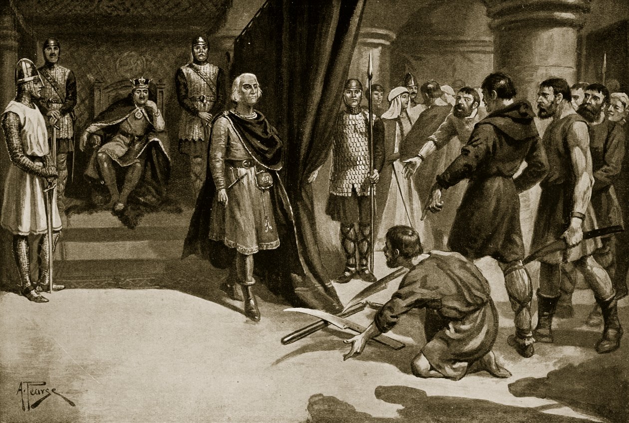 Campesinos arrojando sus arados a los pies de Enrique I, ilustración de 