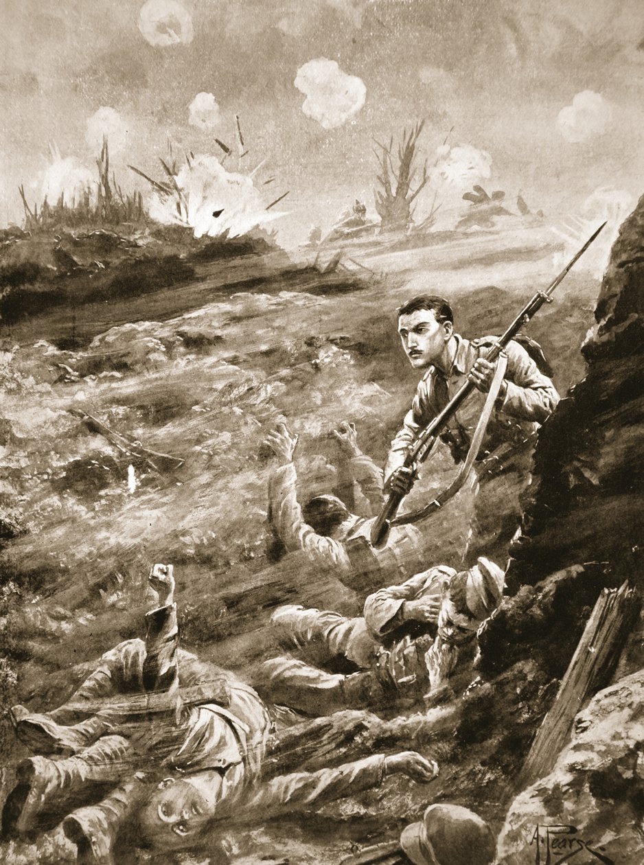 El soldado E. Warner defendiendo solo una trinchera que había sido evacuada tras un ataque con gas de Alfred Pearse