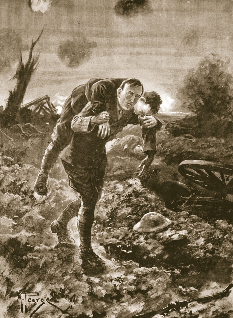 Teniente temporal G. St. G. S. Cather trayendo a un hombre herido a plena vista del enemigo y bajo fuego de ametralladoras y artillería de Alfred Pearse