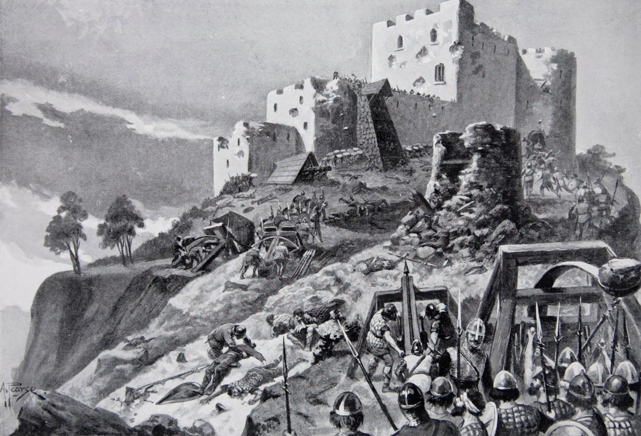 El ataque galés al Castillo de Montgomery en 1095 liderado por Cadwgan ap Bleddyn, Príncipe de Powys, ilustración de 