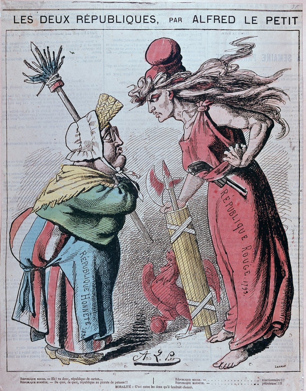 Caricatura sobre las dos Repúblicas, "Republique Honnete (1830) y Republique rouge (1793)" por Alfred Le Petitty en "Le Grelot" 1872 de Alfred Petit