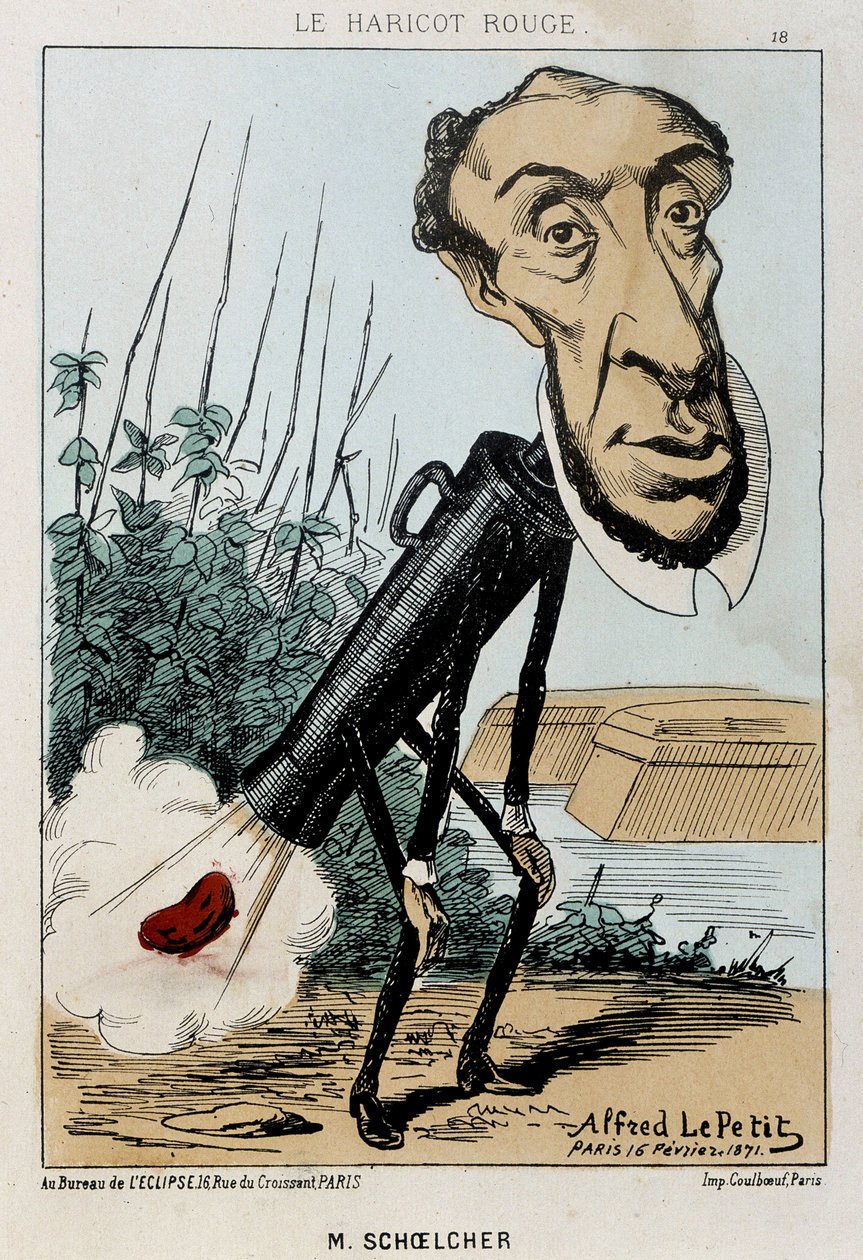 Le Bean rouge: caricatura de Victor Schoelcher representado en el tren de Peter un frijol (pedo) - ilustración del 16/02/1871 en "Fleurs, Fruits et Vegetables du Jour" de Alfred Petit