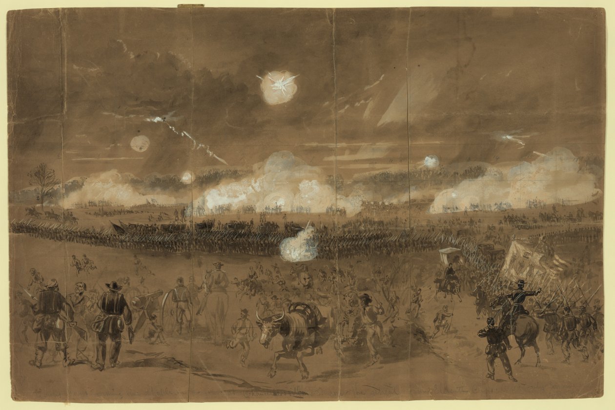 El Cuerpo de Couch formando línea de batalla en los campos de Chancellorsville para cubrir la retirada del Undécimo Cuerpo huyendo vergonzosamente Resumen/medio de Alfred R. Waud