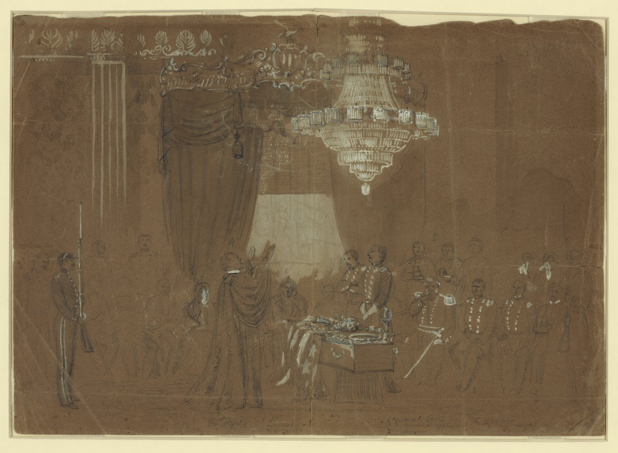 Servicio fúnebre por el Coronel Ellsworth en el Salón Este de la Casa Blanca Resumen/medio de Alfred R. Waud