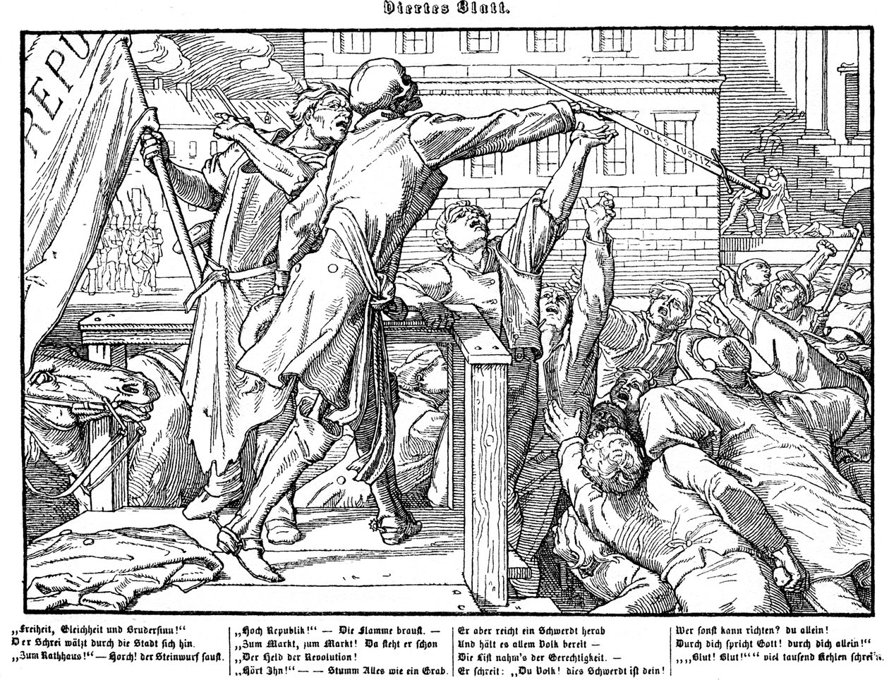 Totentanz 1848: La muerte ofrece la espada de la Justicia de Alfred Rethel