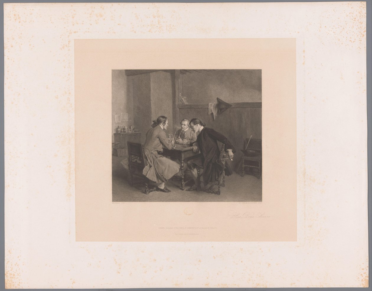 Interior con tres hombres fumadores en una mesa Les Bons Amis (título sobre el objeto) de Alfred Revel