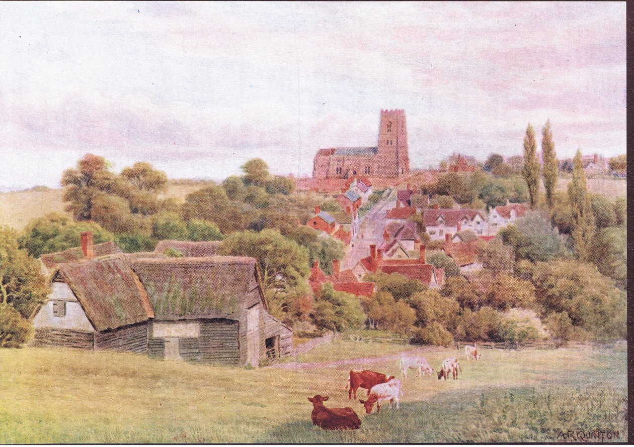 La iglesia en la colina, Kersey, Suffolk, de The Cottages and the Village Life of Rural England publicado por Dent & Sons Limited, 1912 de Alfred Robert Quinton
