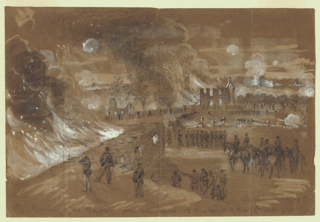 Quema de las casas y graneros del Sr. Muma en la pelea del 17 de septiembre de Alfred Rudolph Waud