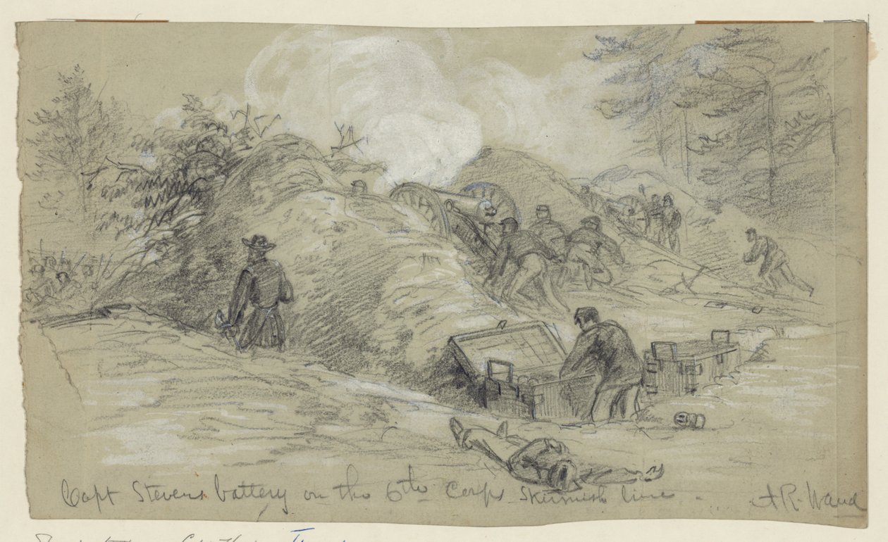 Batería del Capitán Stevens en la línea de escaramuza del 6º Cuerpo de Alfred Rudolph Waud