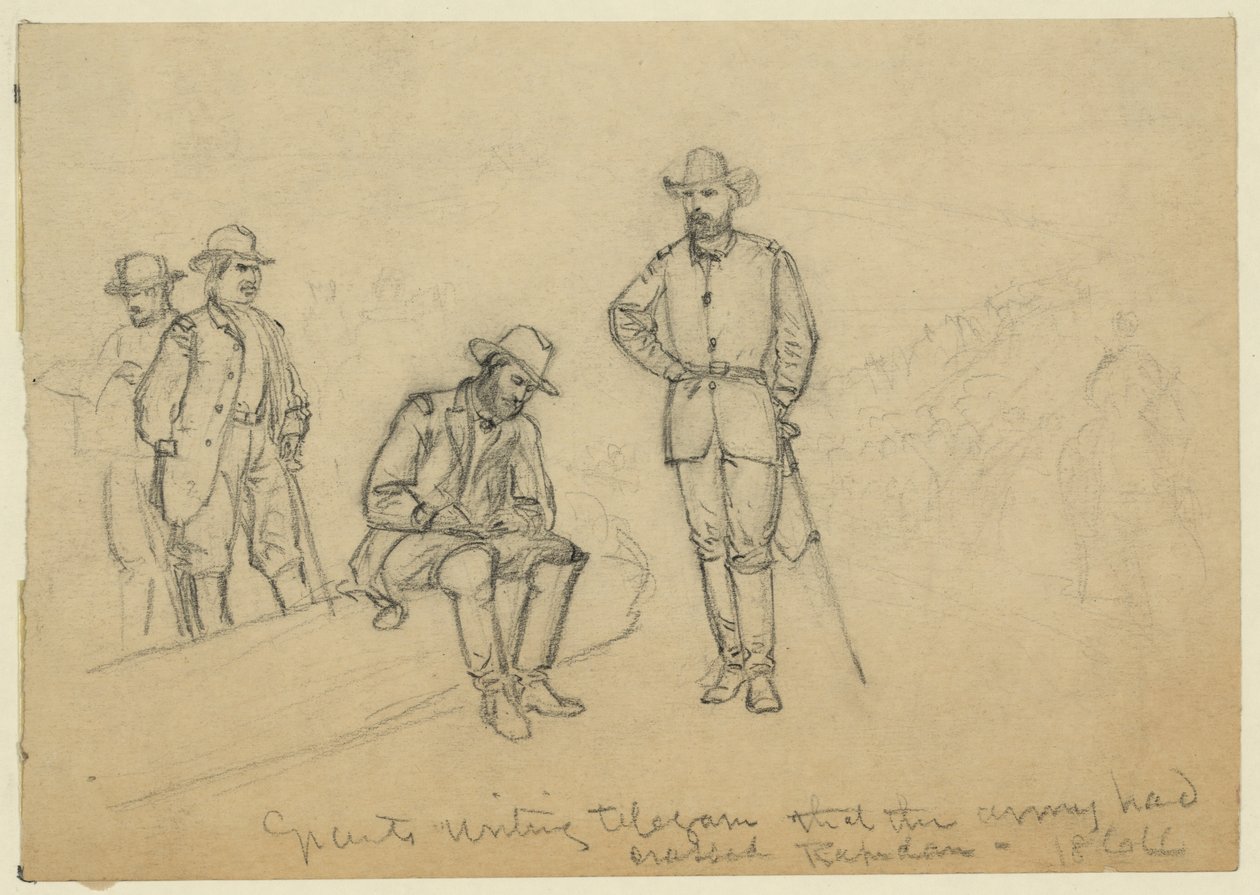 Grant escribiendo un telegrama de que el ejército había cruzado el Rapidan de Alfred Rudolph Waud