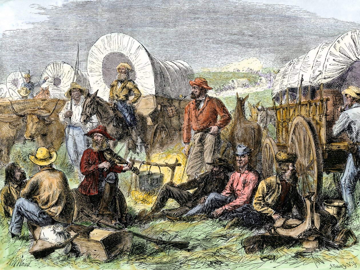 Historia de los colonos de West Conquete: Pioneros americanos. Campamento de viajeros en la Tumba de la Noche, cerca de Diligences, Estados Unidos. Grabado coloreado del siglo XIX. de Alfred Rudolph Waud