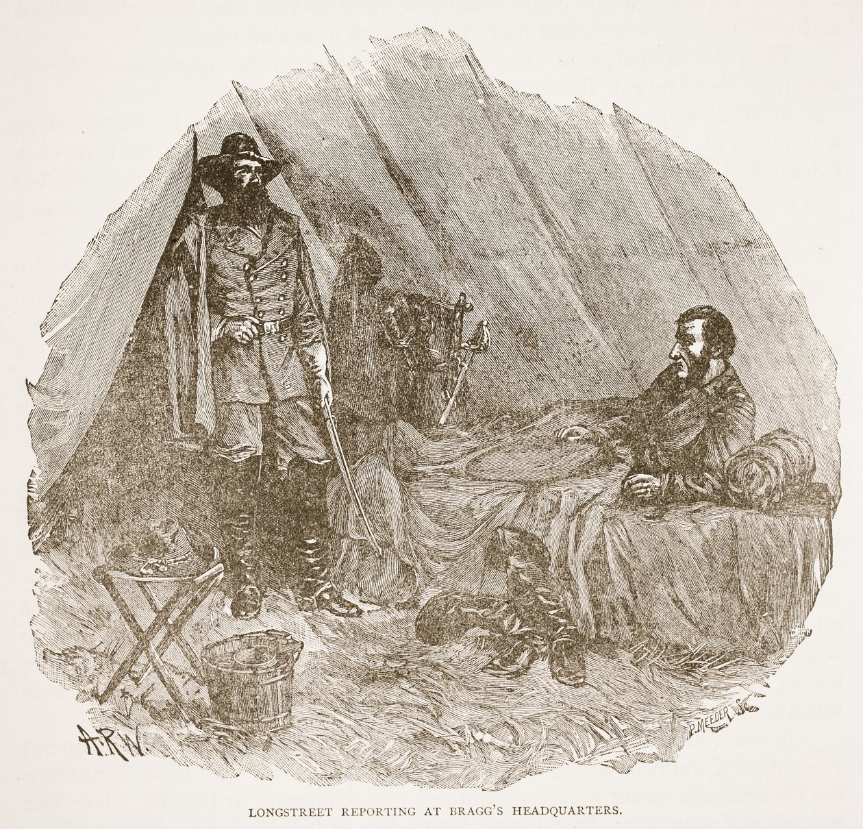Longstreet informando en el cuartel general de Bragg, de un libro publicado en 1896 de Alfred Rudolph Waud