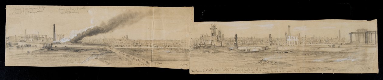 Distrito norte desde el puente de Erie Street, mirando hacia el este, durante el incendio de Chicago de 1871 de Alfred Rudolph Waud