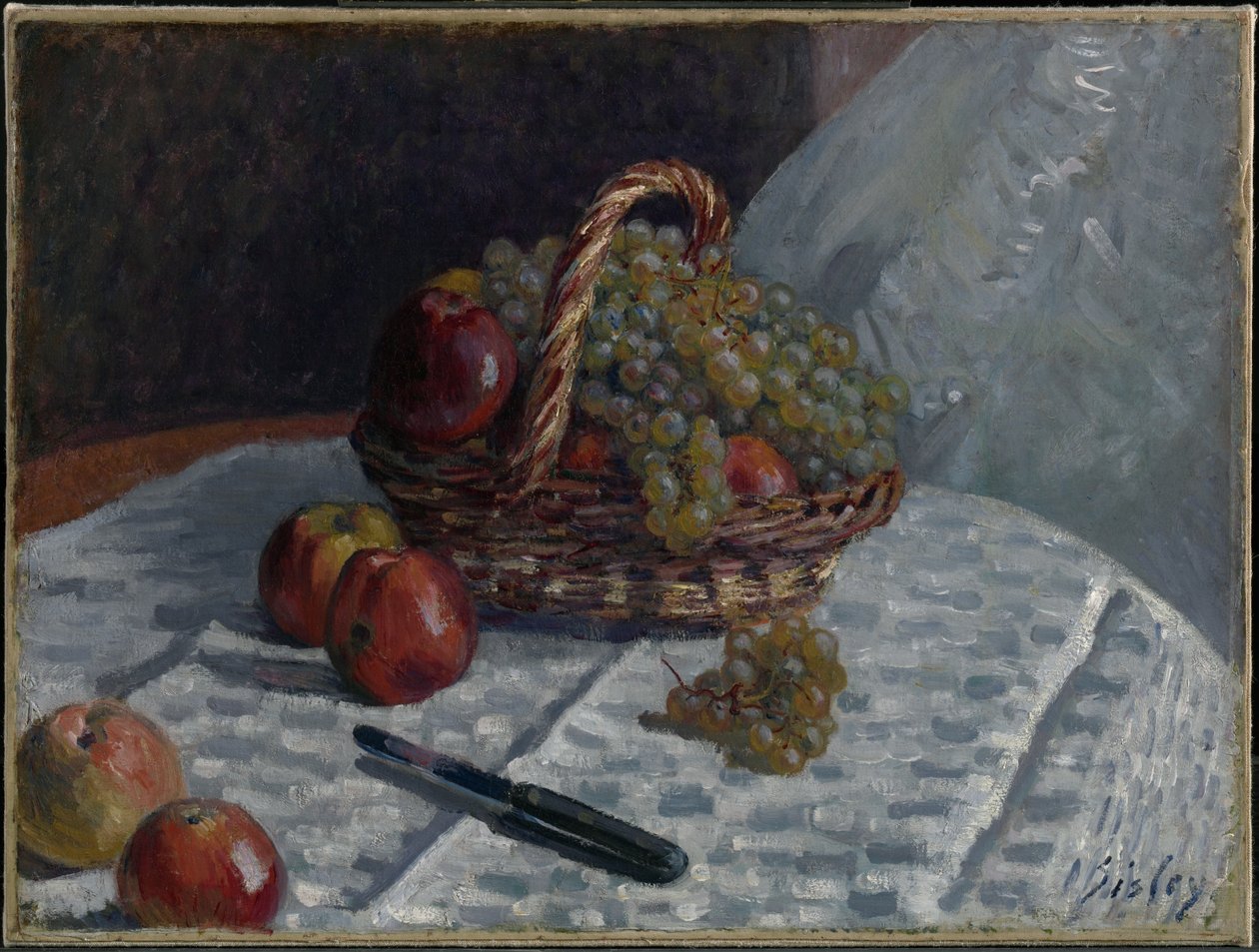 Manzanas y uvas en una cesta de Alfred Sisley