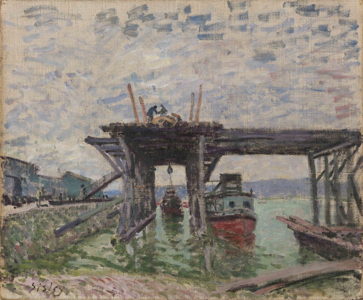 Alemán: Puente en construcción El Garaje Fluvial de Alfred Sisley