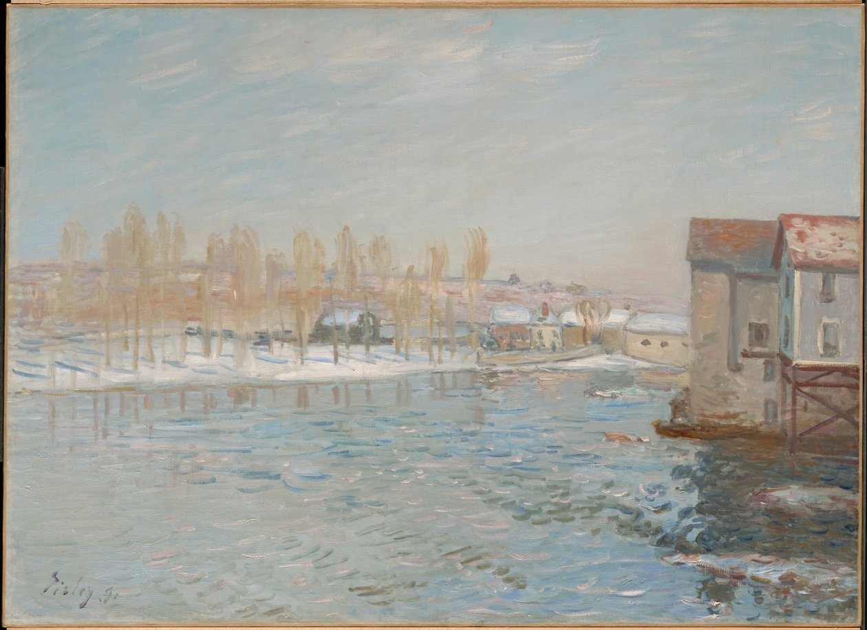 El Loing y los molinos de Moret, efecto de nieve de Alfred Sisley