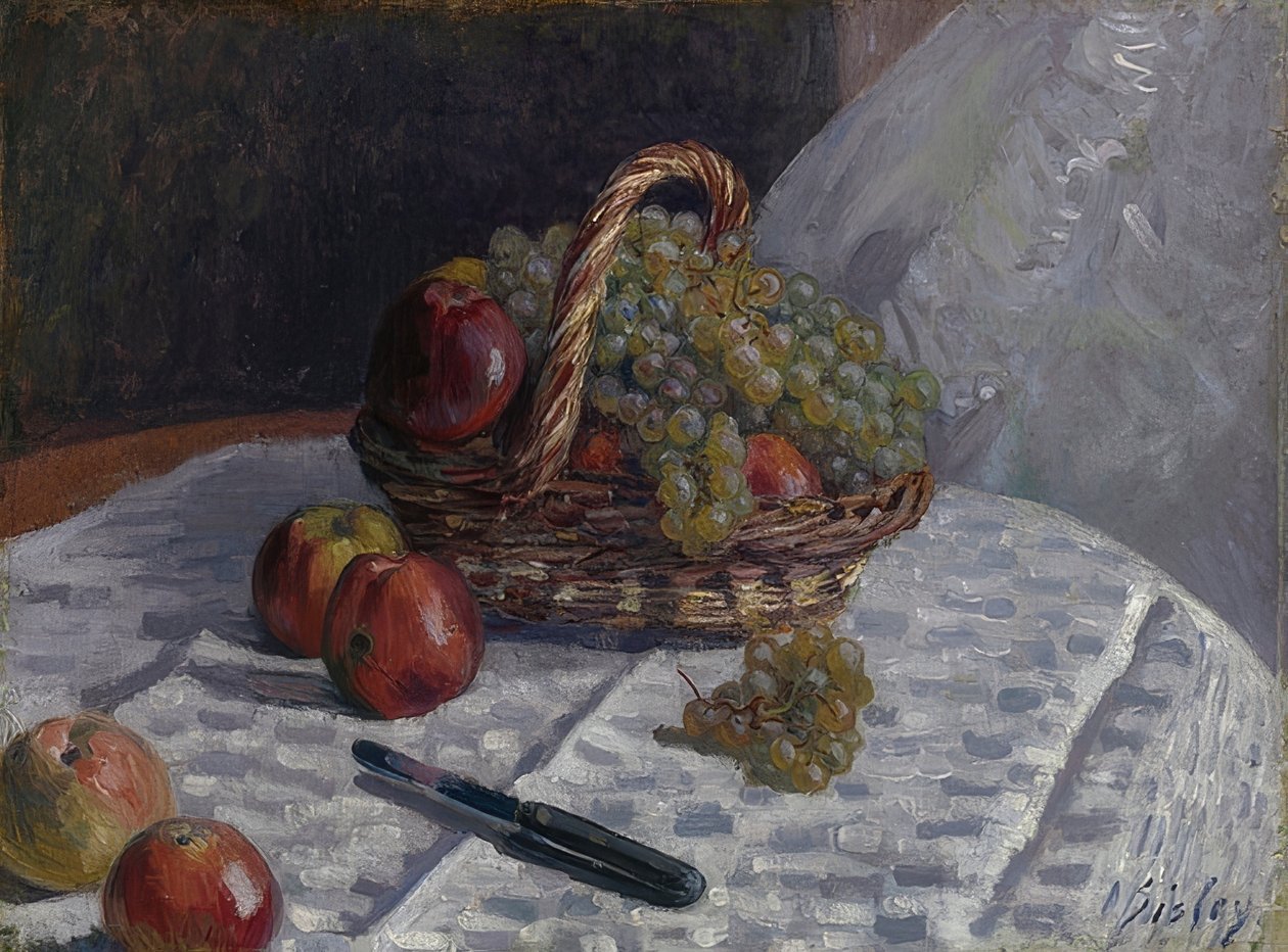 Manzanas y uvas en una cesta de Alfred Sisley
