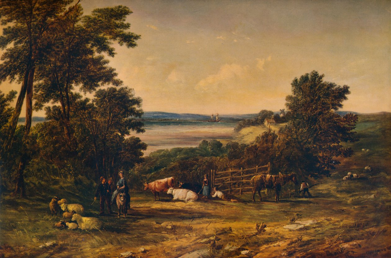 Un puerto rodeado de colinas boscosas y prados con ganado, 1859, 1938 de Alfred Vickers