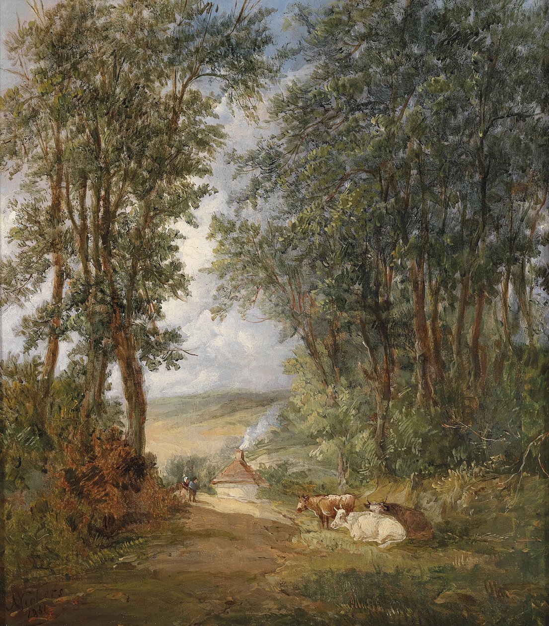 Alemán: Paisaje forestal con vacas descansando en primer plano de Alfred Vickers