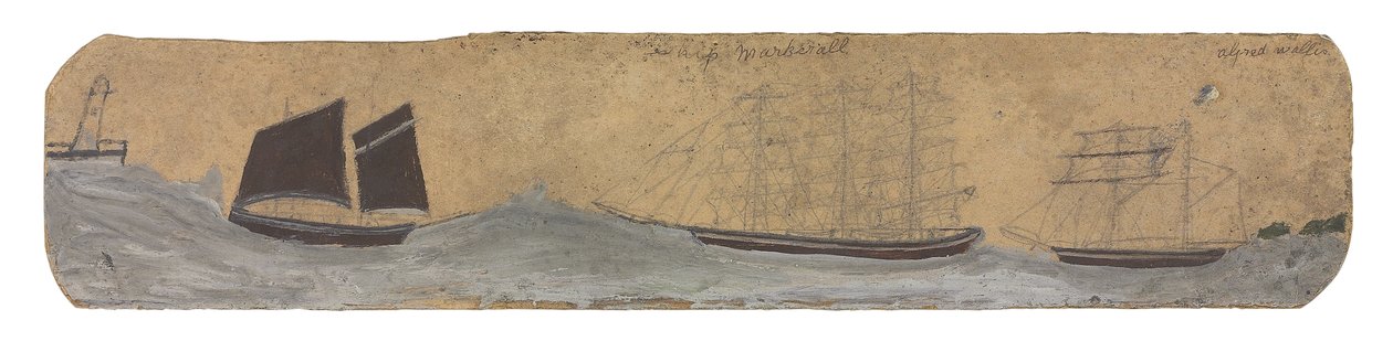 Lugger y dos pequeños veleros acercándose a puerto, c.1855-1942 (óleo y lápiz sobre cartulina) de Alfred Wallis