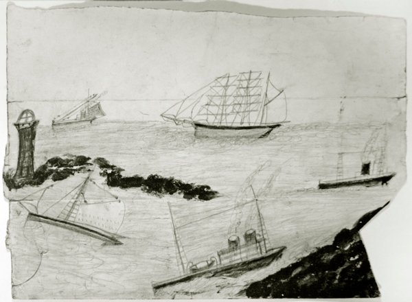 Tres Barcos de Vela, dos Barcos de Vapor y el Faro de Godrevy, c.1935-38 de Alfred Wallis