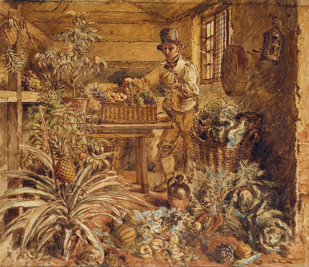 Un jardinero en un cobertizo de macetas con piñas y varios vegetales de Alfred William Hunt