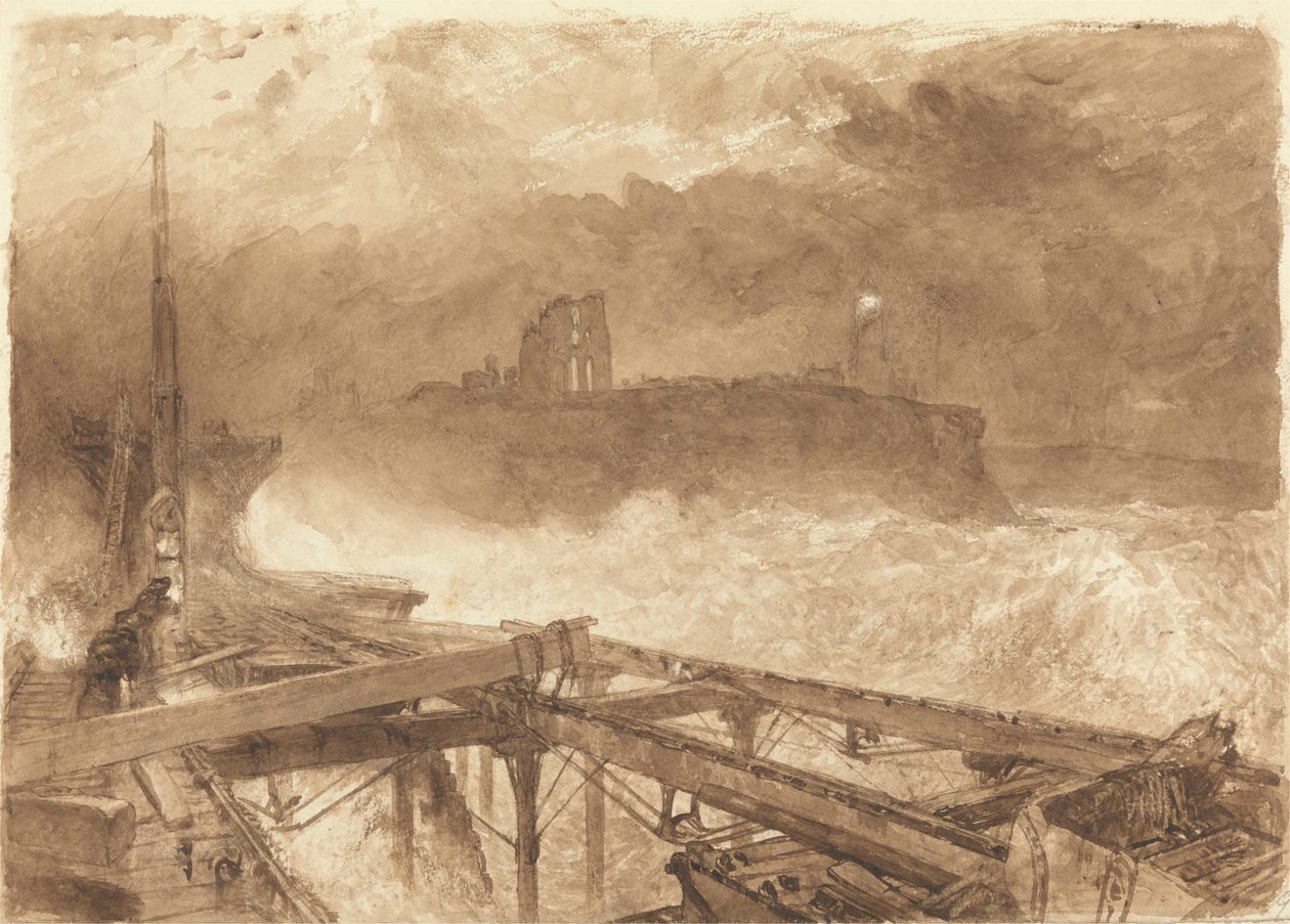 Estudio para el muelle de Tynemouth - Encender las lámparas al atardecer de Alfred William Hunt